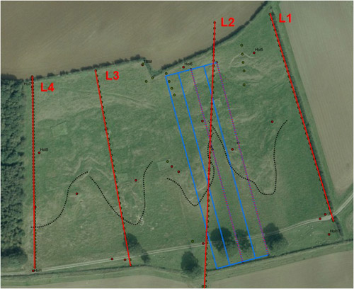Figure 1 Aerial photograph of the Hollin Hill landslide with the geophysical survey plan. (©UKP/Getmapping Licence No. UKP2009/01).