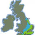 Map showing the main areas of Jurassic rocks (coloured blue) and Cretaceous rocks (coloured green) in Britain. The foreshore and cliffs at Lyme Regis and Whitby are famous collecting localities for ammonites and other fossils.