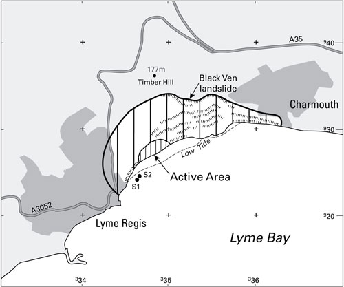 Figure 2 Location map of the Black Ven landslide indicating the active area observed during this survey. S1 and S2 mark two Terrestrial LiDA survey stations.