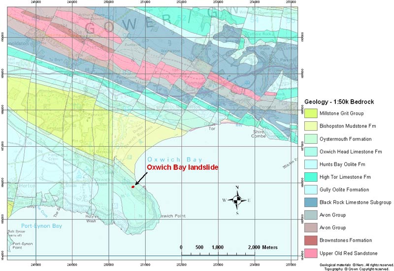 Map of the bedrock geology in the area of the Oxwich Bay landslide.