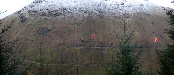 Eastern slope above the A83 showing the position of the 2007, 2009 and 2011 landslides. A: 2007 and 2009 landslides, B: 2011 landslide.