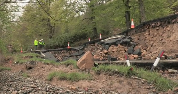 The BGS Landslide Response Team at the landslide along the B6344, east of Rothbury, Northumberland.