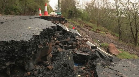 The landslide along the B6344, east of Rothbury, Northumberland.