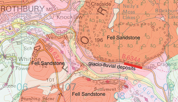 The section of the B6344 that is affected by the landslide processes is marked with a red line.