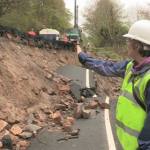 Dr Helen Reeves of the Landslide Response Team investigating the landslide along the B6344, East of Rothbury, Northumberland.