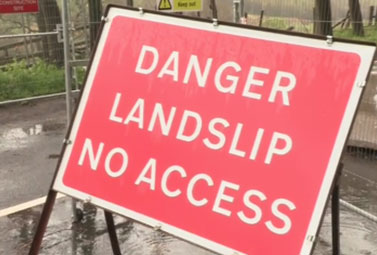 Danger landslip no access sign at Rothbury landslide
