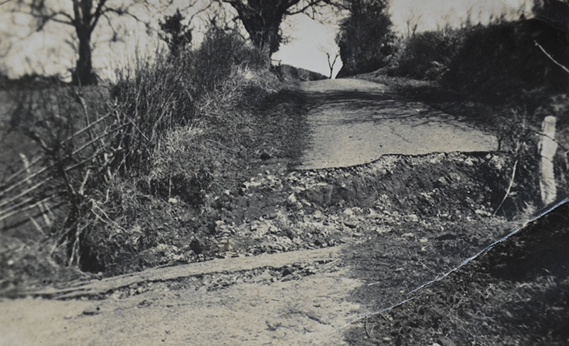 Damage to the road in 1947. This is similar to the damage seen in this survey and also in the same location. Photo courtesy of Hereford Times.