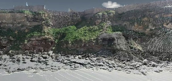 A coloured 3D point cloud, an output from the terrestrial laser scanning, of the north-facing cliffs of the Pen Bal Crag headland; taken from the Short Sands beach in King Edward’s Bay, Tynemouth.