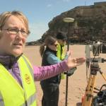 Geologists Helen Reeves, Claire Dashwood and Pete Hobbs, carrying out a laser scan survey of the north-facing cliffs of the Pen Bal Crag headland from the Short Sands beach in King Edward’s Bay, Tynemouth (summer 2013).