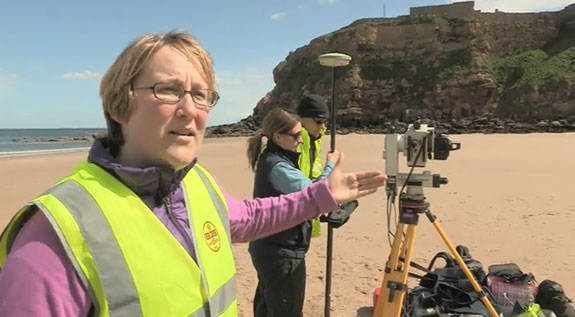 Geologists Helen Reeves, Claire Dashwood and Pete Hobbs, carrying out a laser scan survey of the north-facing cliffs of the Pen Bal Crag headland from the Short Sands beach in King Edward’s Bay, Tynemouth (summer 2013).
