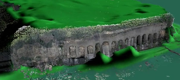A coloured 3D point cloud from the scan draped over a landscape surface model of the south-facing cliffs of the Pen Bal Crag headland; taken from the North Pier, Tynemouth.