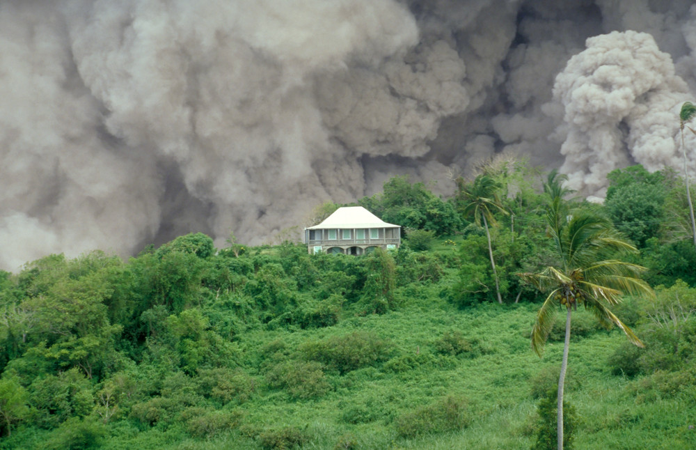 Pyroclastic flow engulfing a house in Monserrat
