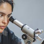 Daniela Cuba looking through microscope