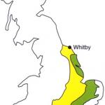 Map of Britain showing the main areas of Jurassic rocks (coloured yellow) and Cretaceous rocks (coloured green). The foreshore and cliffs at Charmouth and Whitby are famous collecting localities for belemnites and other fossils.