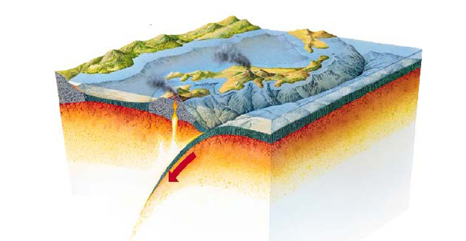 A convergent plate boundary showing the subduction of an oceanic plate