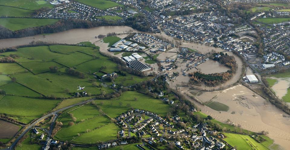 Aerial views of flooding in the Cumbria area, November 2009.