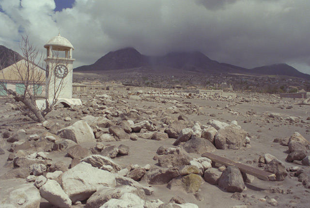 Plymouth, Montserrat. Mud flow deposits at clocktower.