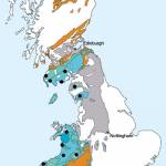 Palaeozoic rocks of the UK and some good places to look for graptolites (see black spots). The colour code for geological periods is the same as for the history diagram.