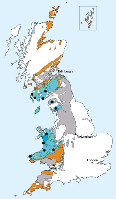 Palaeozoic rocks of the UK and some good places to look for graptolites (see black spots). The colour code for geological periods is the same as for the history diagram.