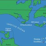 A continental reconstruction around 500 million years ago using today's geographical outlines. The Iapetus Ocean, which separates the trilobite provinces, closed in the Silurian and the resulting collision between North America and Europe produced the Caledonian mountains.