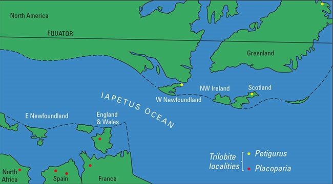 Una ricostruzione continentale circa 500 milioni di anni fa utilizzando i contorni geografici odierni. L'Oceano Giapeto, che separa le province trilobite, si chiuse nel Siluriano e la conseguente collisione tra Nord America ed Europa produsse le montagne caledoniane.'s geographical outlines. The Iapetus Ocean, which separates the trilobite provinces, closed in the Silurian and the resulting collision between North America and Europe produced the Caledonian mountains.