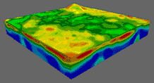 3D visualisation of a resistivity image of a quarry. Progressive removal of the bedrock and overburden reveals the extent of the sand & gravel deposit.