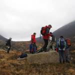 View up Glen Rosa towards Cir Mhor, Arran. Andrew Finlayson and Martin Gillespie in foreground.