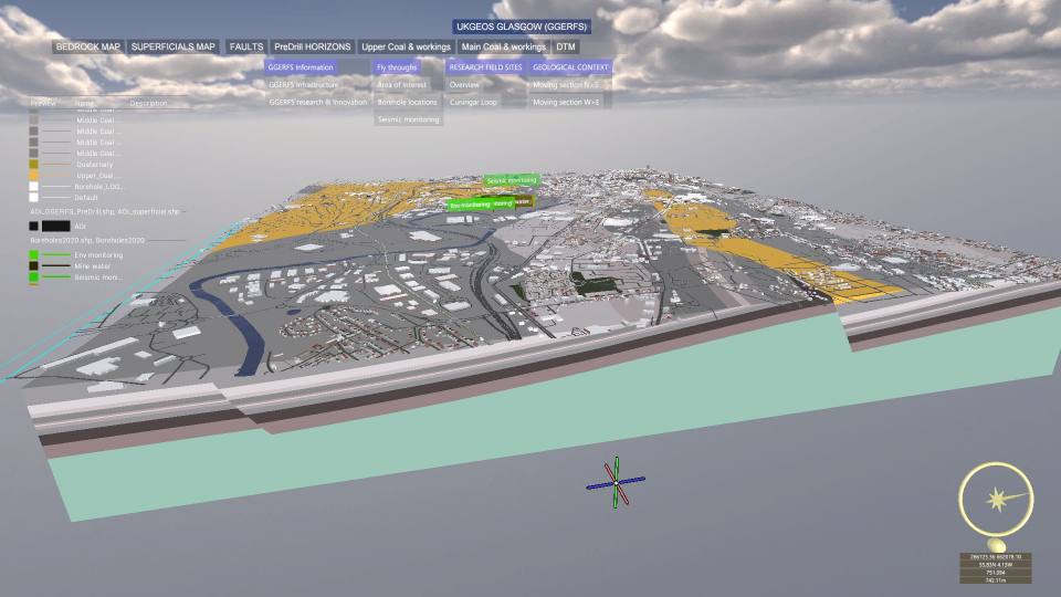 Image from a GeoVisionary visualisation, developed for UKGEOS, showing a geological model of Glasgow combined with a city model, controlled by a custom user interface