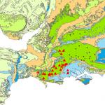 Map showing groundwater flood warnings (triangles) and alerts (dots) on the Chalk aquifer (dark green) in Wessex, on 18 Feb 2020.