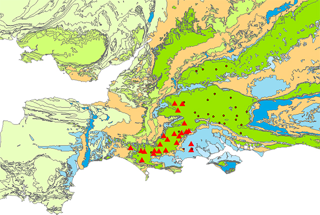Map showing groundwater flood warnings (triangles) and alerts (dots) on the Chalk aquifer (dark green) in Wessex, on 18 Feb 2020.