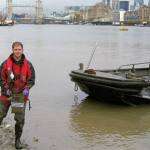 BGS Head of Organic Chemistry, Dr Chris Vane, collects sediment samples from the River Thames. British Geological Survey©UKRI