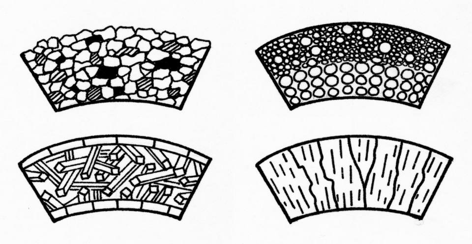 Cross sections of foraminiferal walls (highly magnified) showing the different structures). Agglutinated wall made of cemented sand grains (top left) (textulariids). Microgranular wall made of granular calcite crystals (top right) (fusulinids). Porcelaneous wall made of three layers of calcite (bottom left) (miliolids). Hyaline wall made of calcite or aragonite crystals (bottom right) (rotaliids and robertinids).