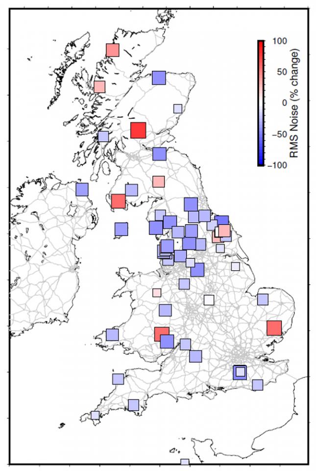 RMS Noise earthquakes map
