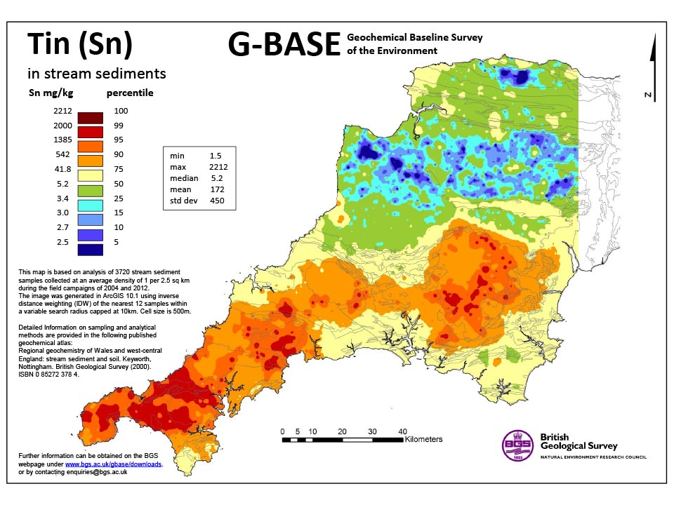 Map of tin in stream sediments for south-west England