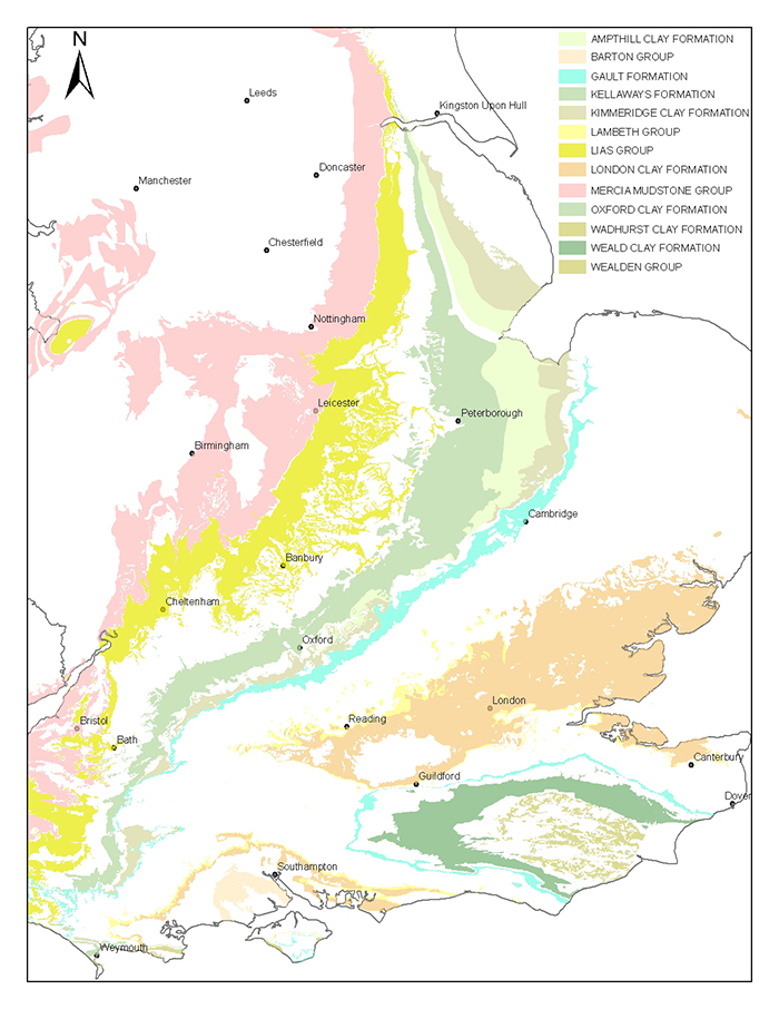 The rock formations most susceptible to shrink-swell behaviour are found mainly in the south-east of Britain.