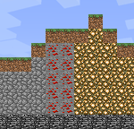 Illustrating how the geology blocks (such as sand, cobblestone, redstone ore, glowstone, stained clay) are repeated from the bedrock layer up to the elevation model height and OS block (grass block).