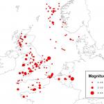 Historical seismicity in the UK and surrounding area dating back to 1358.