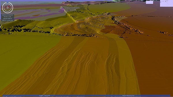 Chesil white ribbon. View in GeoVisionary looking north east at the bedrock geology extending seamlessly from onshore to offshore beneath Chesil beach.