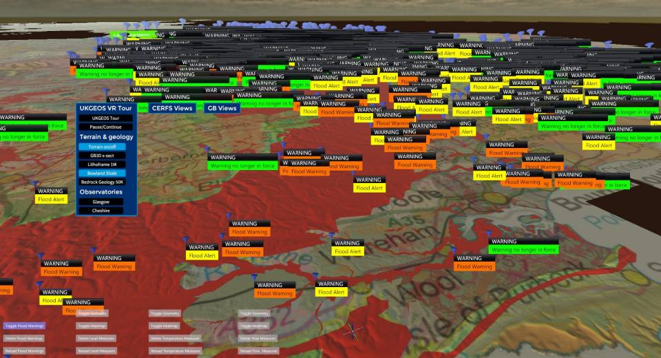 GeoVisionary can visualise live data feeds, here showing real time flood monitoring from the Environment Agency