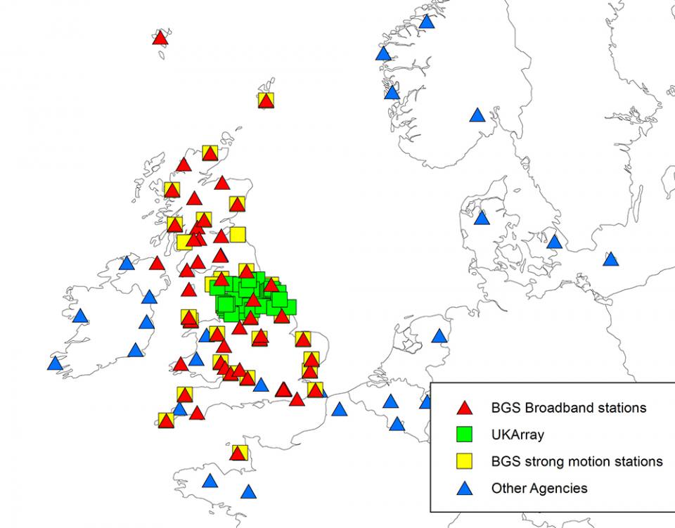 Seismometers in the UK and surrounding area.