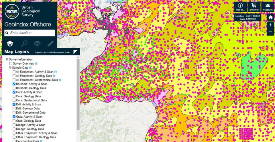 Offshore Geoindex map showing seabed sediment.