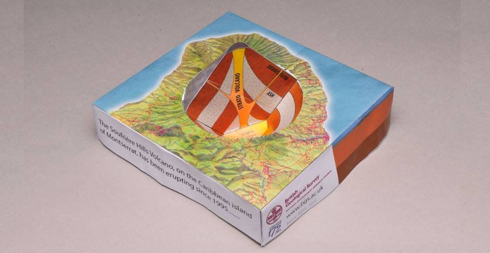 The completed volcano model, Soufrière Hills,Montserrat, Carribean. This model (not to scale) shows how the volcano is formed from the subducting tectonic plates, and the lava dome with a pyroclastic flow coming from it.