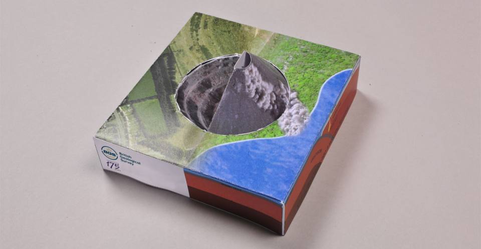 The completed volcano model, Bardon Hill Quarry, Leicestershire, England. The model is not to scale. The volcano that deposited the Bardon Hill rocks would have been much larger than the diameter of the quarry.