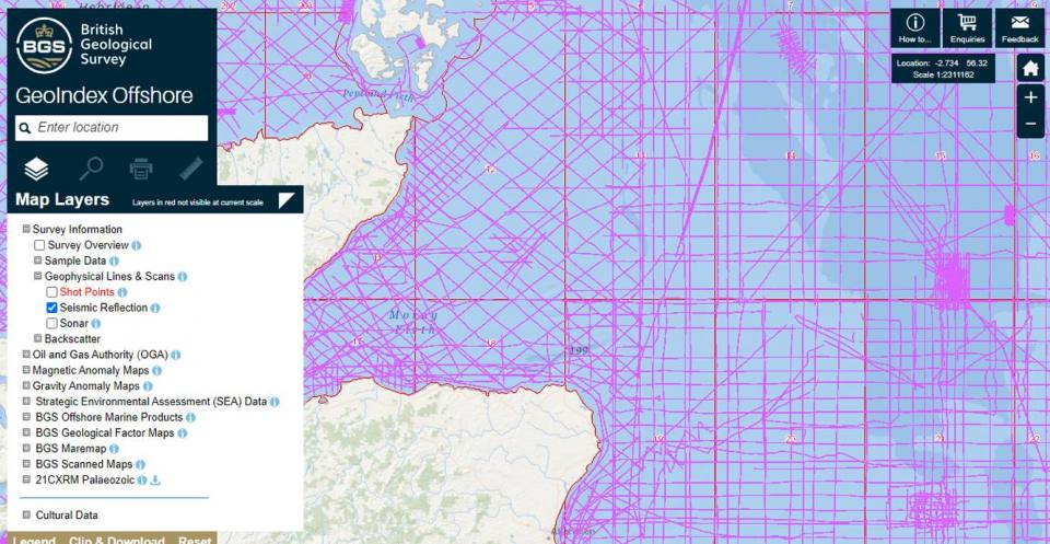 Offshore Geoindex map showing seismic reflection.