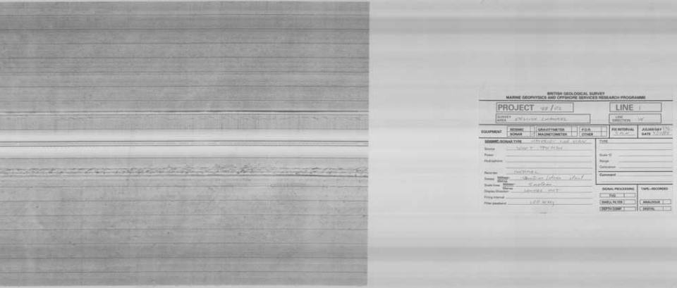 Sidescan sonar record on white rolled paper