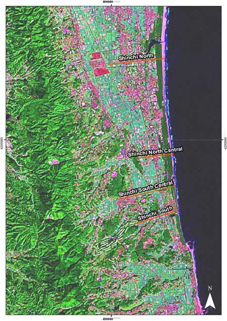 Survey lines in the Shinchi area. Landsat false colour satellite image processed by BGS © NERC.