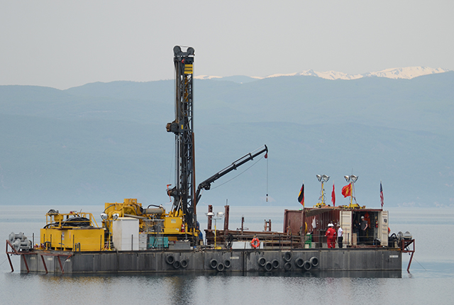 Drilling platform for deep drilling in Lake Ohrid (Photo credit: Thomas Wilke)