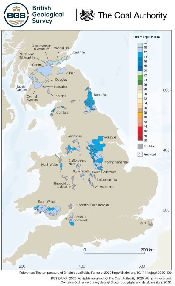 Map showing the extend of heat stored in Britain's abandoned coal mines
