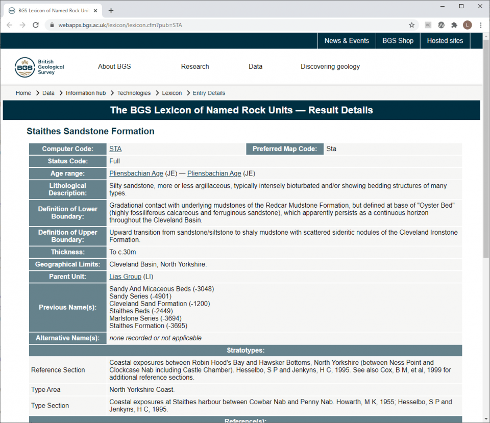 A screenshot of the entry for the Staithes Sandstone Formation in the BGS Lexicon