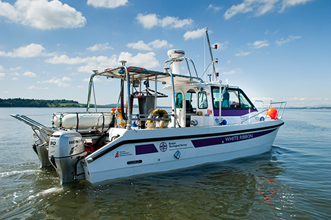 A boat, the BGS's reserach vesseil White Ribbon, floating on water